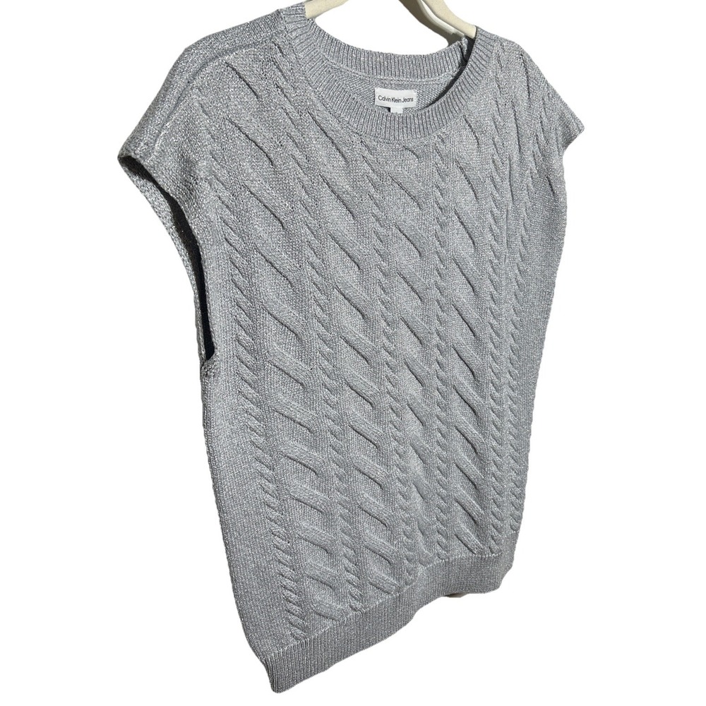Calvin Klein Jeans Cable Knit Sweater‎ Vest Silver Metallic Sz L Retail: $59 NWT